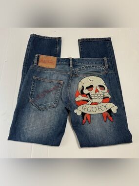 Ed Hardy Blue Denim Mens Jeans 2010 w/ Skull & Red Ribbon Embroidery Streetwear